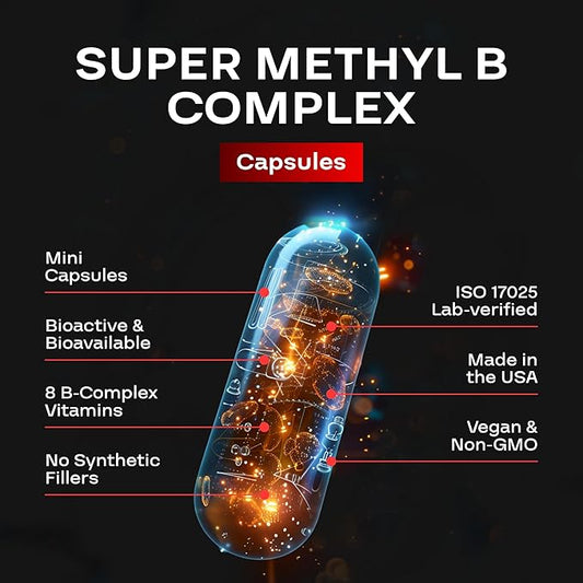Methylated B Complex Vitamin Supplement 5-MTHF Methyl B12 Methylcobalamin 60 Caps