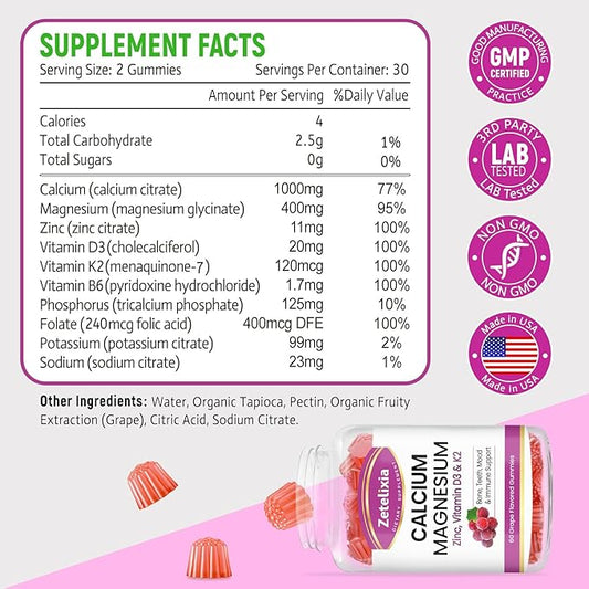 Sugar Free Calcium Gummies for Women D3 & K2, Calcium 120 Count