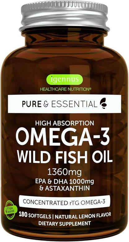 Super Concentrated rTG Omega 3 Wild 1000mg, Clean 2:1 Ratio, 1mg, Lemon 180 Softgels,