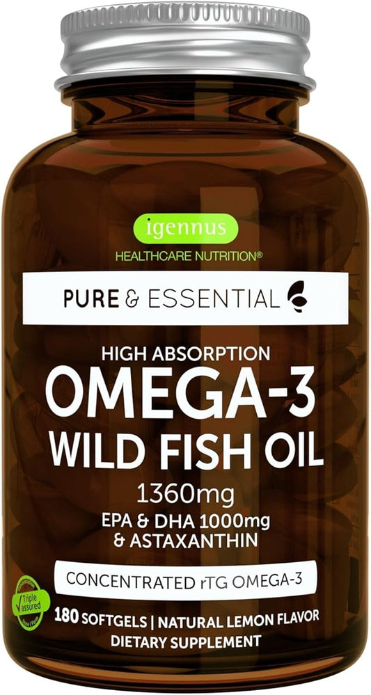 Super Concentrated rTG Omega 3 Wild 1000mg, Clean 2:1 Ratio, 1mg, Lemon 180 Softgels,