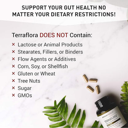 Terraflora Daily Care synbiotic of probiotics and prebiotics for Women and Men 60 ct, Soil Based, Shelf Stable, allergen Friendly Spore Based Supplement Capsules Promote Gut Health by Enviromedica