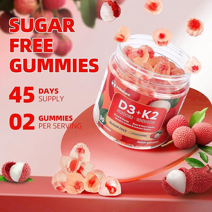 Vitamin D3 K2 Gummies w/Magnesium Sugar Free - 90 Count | D3 Vitamin 5,000 IU + K2(MK-7) 100 mcg - Vegan K2 D3 Vitamin Supplement, Highly Absorbent Supports Bone, Muscle, Mood & Immune(Lychee Flavor)