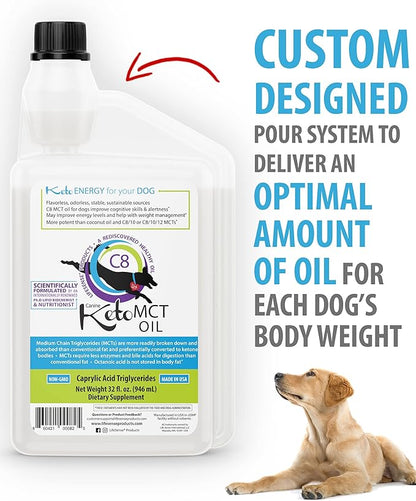 LifeSense C8 MCT Oil for Dogs, Keto-Friendly, Sourced from Coconut Oil, Human Grade, 32 oz, Made in USA by PhD Nutrition, Dog Optimal Fuel for The Brain and Body