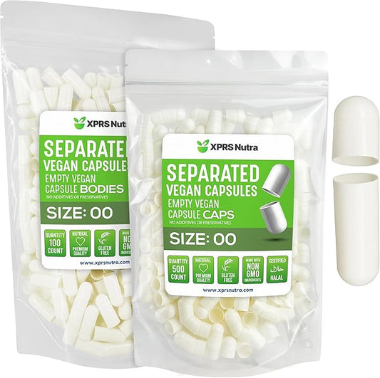 XPRS Nutra Vegan Size 00 Separated Capsules - 500 Count Premium Empty Capsules Separated in Bags - Separated Empty 00 Capsules - Pill Capsules Empty for DIY Supplement Filling (White)