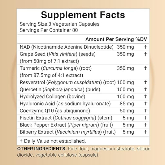 NatureBell NAD+ 1,500mg Per Serving, 240 Veggie Capsules | 11-in-1 Complex with Resveratrol Plus Hyaluronic Acid, Quercetin, Fisetin, Collagen, & More – Nicotinamide Supplement – Non-GMO