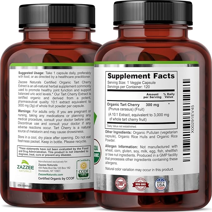 Zazzee USDA Organic Tart Cherry 10:1 3000 mg 120 Vegan 4 Month 10X Extract, 100% Vegetarian,
