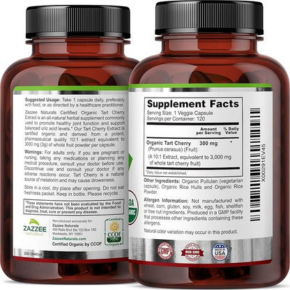 Zazzee USDA Organic Tart Cherry 10:1 3000 mg 120 Vegan 4 Month 10X Extract, 100% Vegetarian,