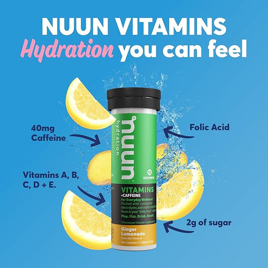 Nuun Hydration Vitamins Electrolyte Tablets + Caffeine, Ginger Lemonade, 5 Essential Electrolytes for Hydration + Vitamin A, B6, C, D, E, with Magnesium, Vegan, Non-GMO, 8 Tubes (96 Servings)