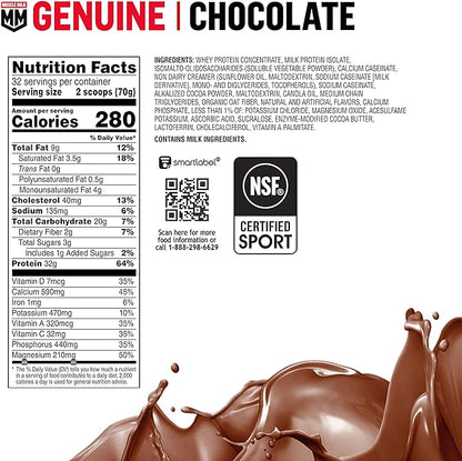 Muscle Milk Genuine Protein Powder, Chocolate, 4.94 Pound, 32 Servings, 32g Protein, 2g Sugar,