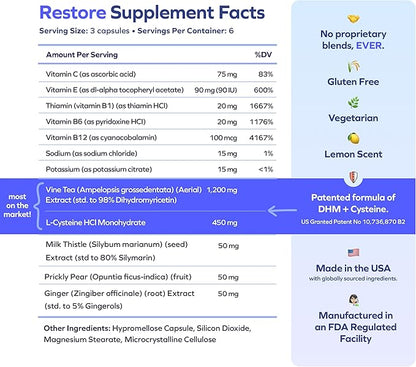 Cheers Restore | Supplement with DHM + L-Cysteine | Feel Better After Drinking & Support Your Liver | 6 Doses | Dihydromyricetin, Cysteine, Milk Thistle, Prickly Pear, B-Vitamins, Ginger