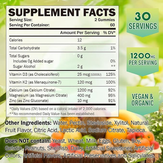 Calcium Citrate Gummies 1200 mg for Women & Kids, Sugar Free Calcium Supplement with Vitamin D3, K2, Magnesium, Zinc, Bone Support for Adults & Elders, Natural Pineapple Flavor, 60 Gummies