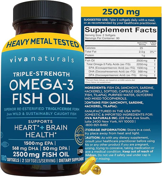 Triple Strength Omega 3 Fish Oil Supplement 2500 mg 3 Fatty 180 Pescatarian-Friendly