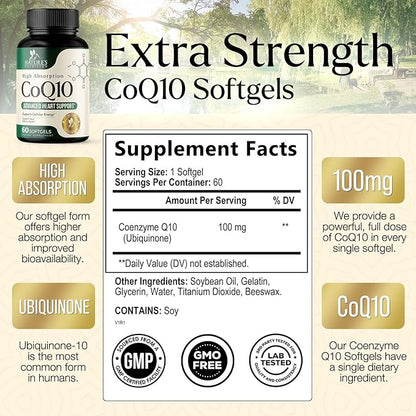 CoQ10 100mg Softgels Q10 Vitamins, Q10 Supplement 60 Softgels