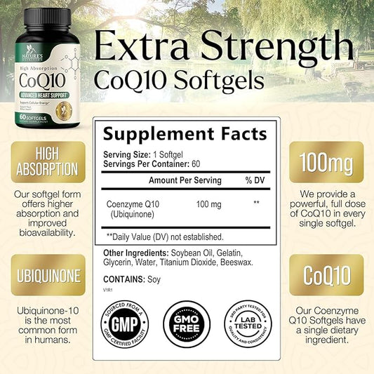 CoQ10 100mg Softgels Q10 Vitamins, Q10 Supplement 60 Softgels