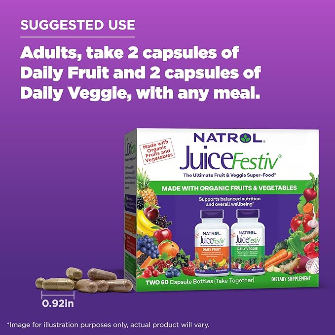 Natrol JuiceFestiv, The Ultimate Fruit and Veggie Super-Food to Support Balanced Nutrition and Overall Well-Being, Plus Antioxidants for Cellular Health, 60 Capsules (2-Count), Up to a 30 Day Supply