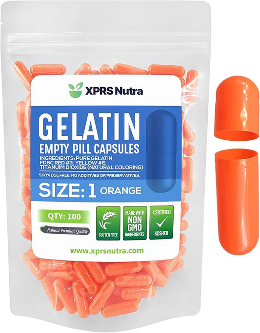 XPRS Nutra Size 1 Empty Capsules - 100 Count Empty Gelatin Capsules - Empty Pill Capsules - DIY Capsule Filling - Pure Bovine Pill Capsules Empty Gel Caps (Orange)