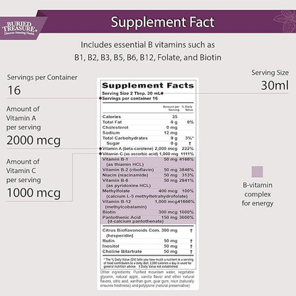 Buried Treasure B Complete - 16 Fl oz, All 8 B Vitamins with Methylated B12 & Methylfolate, Biotin, B1, B2, B6, Antioxidant Support, Liquid & Sugar-Free, B complex vitamins for Women & Men.
