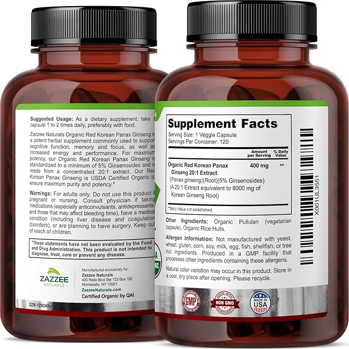 Zazzee USDA Organic Red Korean Panax 20:1 Extract, 8000 mg 5% Ginsenosides, 120 Vegan 20X Root 100% Vegetarian,