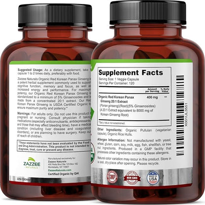 Zazzee USDA Organic Red Korean Panax 20:1 Extract, 8000 mg 5% Ginsenosides, 120 Vegan 20X Root 100% Vegetarian,