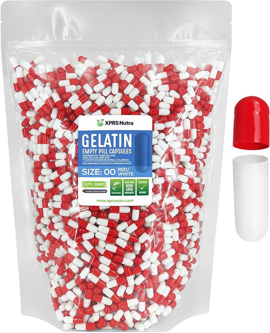 XPRS Nutra Size 00 Empty Capsules - 5000 Count Empty Gelatin Capsules - Empty Pill Capsules - DIY Capsule Filling - Fillable Pill Capsules Empty Gel Caps (Red/White)