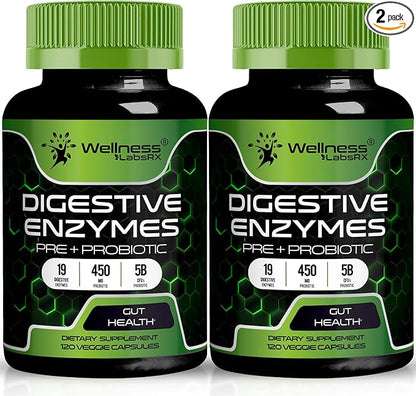 Digestive Enzymes with Probiotics and Prebiotics - 450mg - 5 Billion CFUs - Pure Super Enzymes for Digestion Capsules - 120 Capsules, Digestive Enzymes for Women & Men Support Digestive - 2 Packs