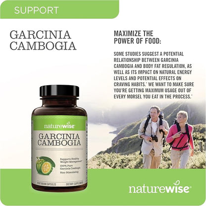 Naturewise Garcinia Cambogia with Natural Garcinia Cambogia Extract, 60% HCA Concentration, Natural Support for Weight Goals and Energy - Vegan, Non-GMO, Gluten Free - 90 Capsules[1-3 Month Supply]