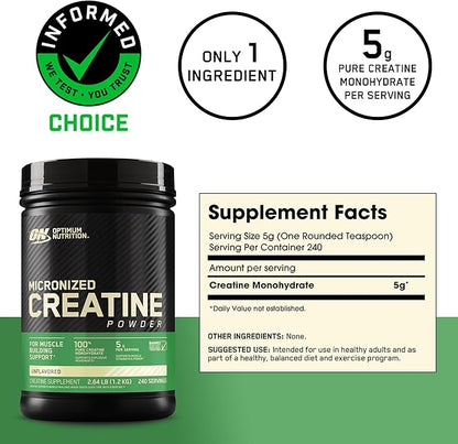 Optimum Nutrition Micronized Creatine Monohydrate Powder, Unflavored, Keto Friendly, 240 Servings (Packaging May Vary)