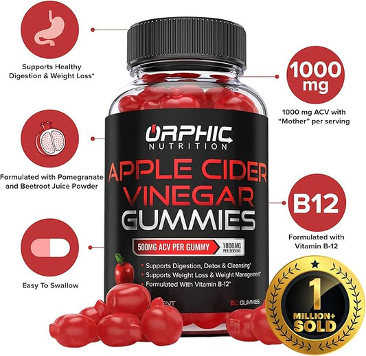 ORPHIC NUTRITION Apple Cider Vinegar Gummies - 1000mg - ACV Weight Loss Gummies - Supports Digestion, Detox & Cleansing - VIT B12, Beetroot - Gomitas de Vinagre de Manzana (120 pcs)