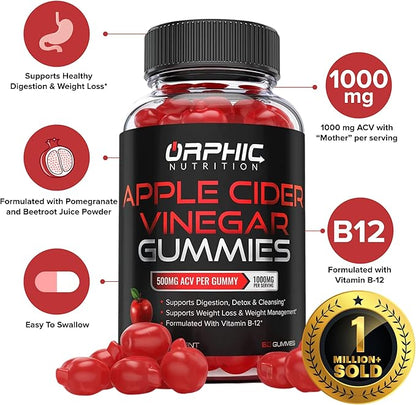 Apple Cider Vinegar Gummies - 1000mg - Formulated to Support Normal Energy Levels & Gut Health - Supports Digestion, Detox & Cleansing - ACV Gummies W/VIT B12, Beetroot (120 Gummies)
