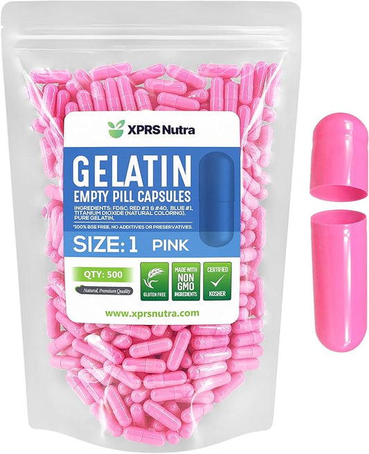 XPRS Nutra Size 1 Empty Capsules - 500 Count Empty Gelatin Capsules - Empty Pill Capsules - DIY Capsule Filling - Pure Bovine Pill Capsules Empty Gel Caps (Pink)