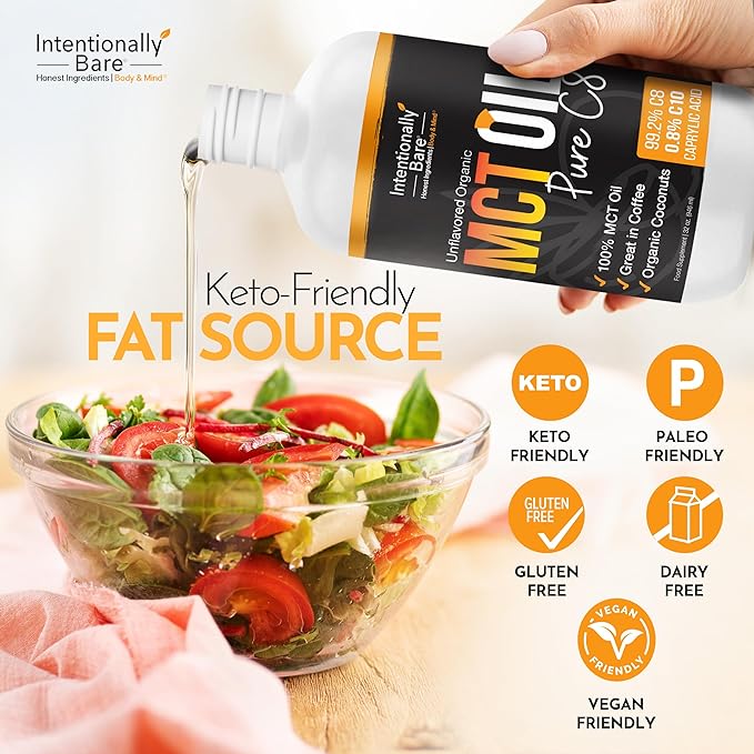 Intentionally Bare Pure C8 MCT Oil Organic - Brain Octane C8 MCT Oil for Keto Paleo & Vegan Diet - Unflavored MCT Oil C8 for Bulletproof Coffee Shakes & Salads - 100% Pure MCT Oil 32 oz