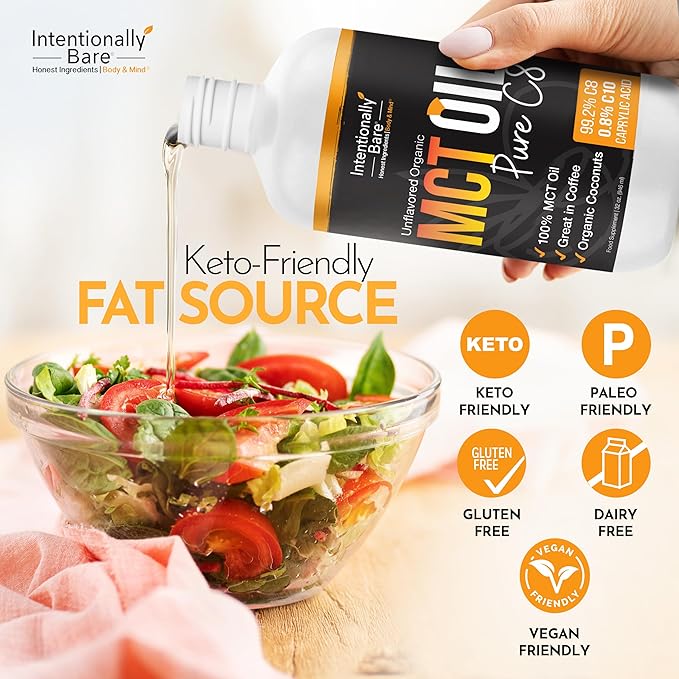 Intentionally Bare Pure C8 MCT Oil Organic - Brain Octane C8 MCT Oil for Keto Paleo & Vegan Diet - Unflavored MCT Oil C8 for Bulletproof Coffee Shakes & Salads - 100% Pure MCT Oil 32 oz