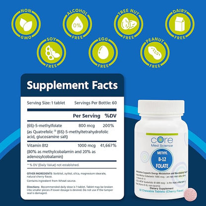 Core Med Science Methyl B12 Folate Supplement for Women & Men - 5-MTHF Pills Support Mood, Cognitive, & Heart Health - Methylfolate Vitamin B9 for Homocysteine Levels & Methylation Cycle (60 Count)