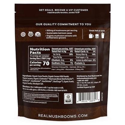 Real Mushrooms Unsweetened Organic Hot Chocolate Mix with 5 Defenders Turkey Tail, Chaga, Maitake, Shiitake, Reishi Mushroom - Cacao Powder Vegan Supplement, 15 Servings