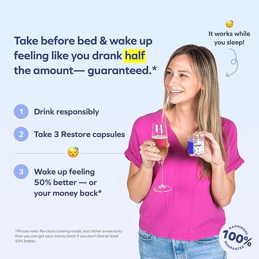 Cheers Restore | Supplement with DHM + L-Cysteine | Feel Better After Drinking & Support Your Liver | 6 Doses | Dihydromyricetin, Cysteine, Milk Thistle, Prickly Pear, B-Vitamins, Ginger