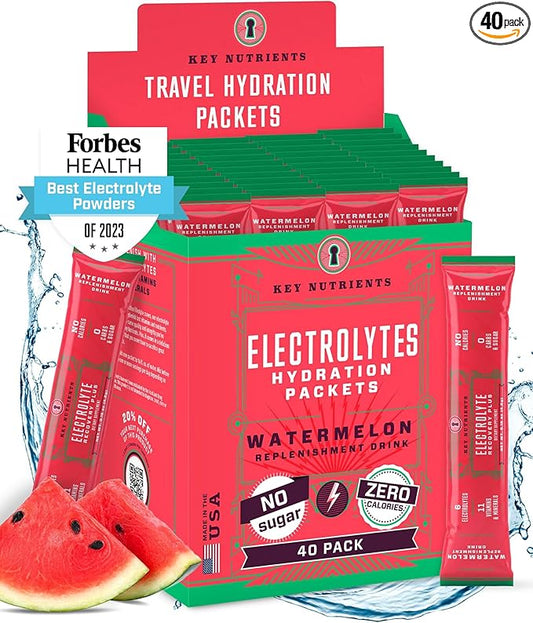 KEY NUTRIENTS Electrolytes Powder Packets - Refreshing Watermelon 40 Pack Hydration Packets - Travel Hydration Powder - Made in USA - No Sugar, No Calories, Gluten Free