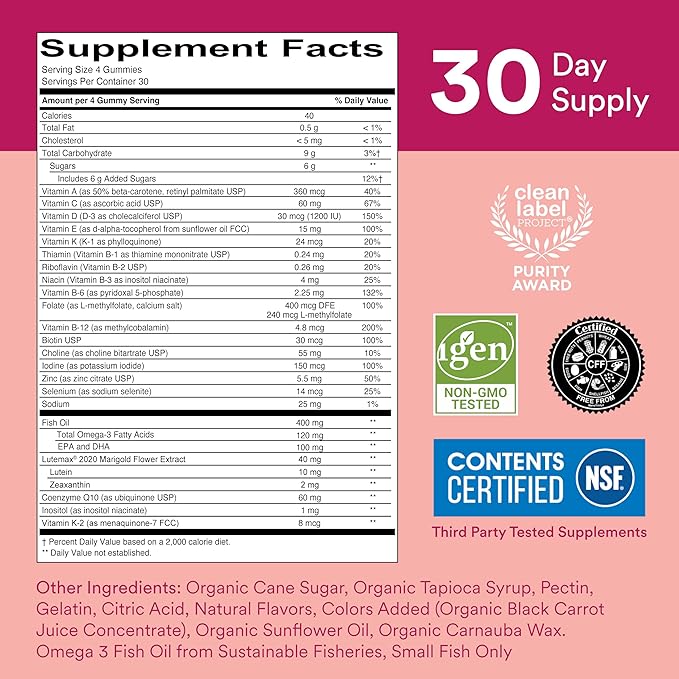 SmartyPants Women's Masters 50+ Multivitamin: Vitamin D3 & CoQ10 for 3 Fish B6, 120 120 Count (30 Day