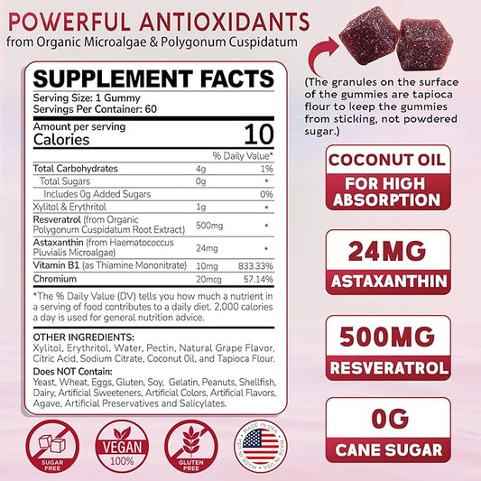Sugar-Free Astaxanthin 24mg Gummies with Resveratrol 500mg, Powerful B1, Coconut 60 Count,