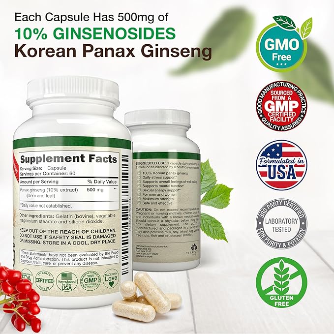 Korean Panax Ginseng (10% Ginsenosides) Energy 60 Capsules