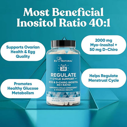 Regulate Cycle Support – Hormone Balance for Women at Optimal 40:1 Myo-Inositol & D-Chiro Inositol – PCOS Supplement for Period Consistency, Menstrual & Ovulation Support – 90 Vegan Capsules