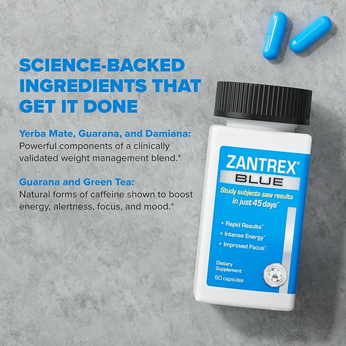 Zantrex Blue - High Energy Supplement - 300MG Natural Caffeine - Yerba Mate, Damiana, and Guarana, 60 Count