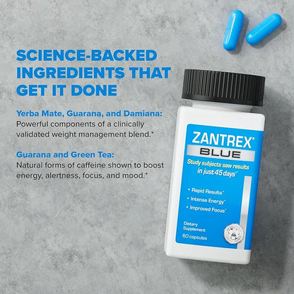 Zantrex Blue - High Energy Supplement - 300MG Natural Caffeine - Yerba Mate, Damiana, and Guarana, 60 Count