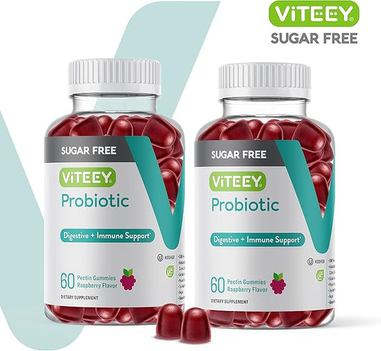 Probiotic Gummies for Women, Men & Teens, 2 Billion CFUs - Sugar Free - Immune Booster, Digestive Support, Gut Health - Vegan, Gelatin Free, GMO Free - Tasty Chewable Raspberry Flavored Gummy