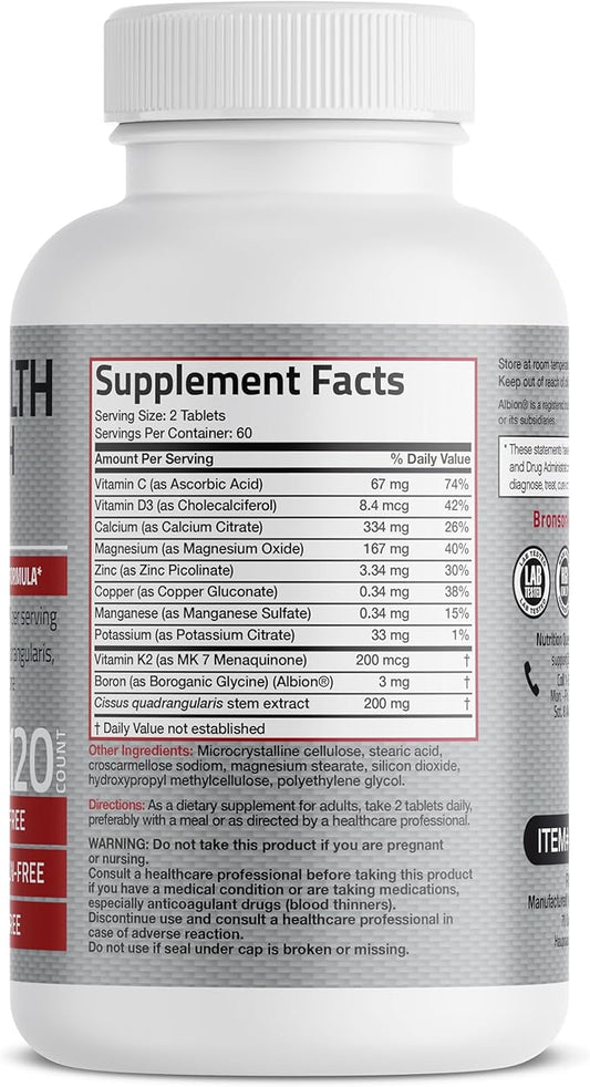 Bronson Bone Health & Strength Complex* 200 MCG K2 as MK7, Plus D3, and 120 Tablets