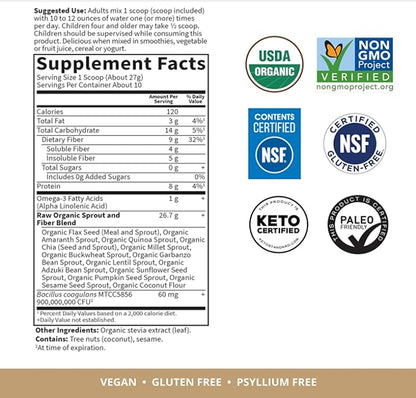 Garden of Life Fiber Supplement, Raw 10 Servings, 15 Organic Omega-3 ALA, 4g Soluble 5g Insoluble