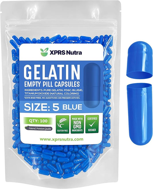 XPRS Nutra Size 5 Empty Capsules - 100 Count Very Small Empty Gelatin Capsules - Empty Pill Capsules - DIY Capsule Filling - Fillable Pill Capsules Empty Gel Caps (Blue)