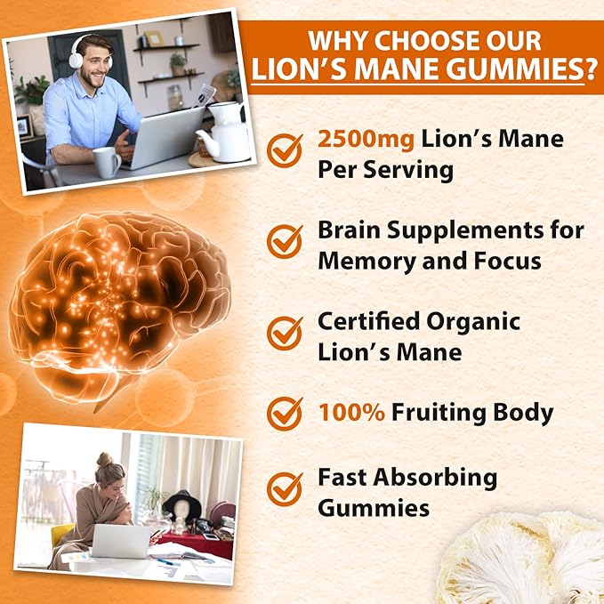 Lions Mane Gummies, Lions Mane Extract to 2500mg, Mushroom Gummies for Adults, Immune & Relaxation, with Lions Mane, Ashwagandha & B12, 420 Gummies