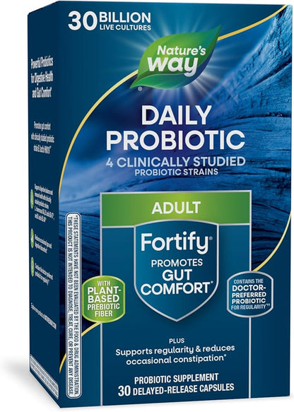 Nature's Way Fortify Daily Probiotic + Prebiotic for Men and Women, 30 Billion Live Cultures, Digestive and Immune Health Support* Supplement, 30 Capsules (Packaging May Vary)