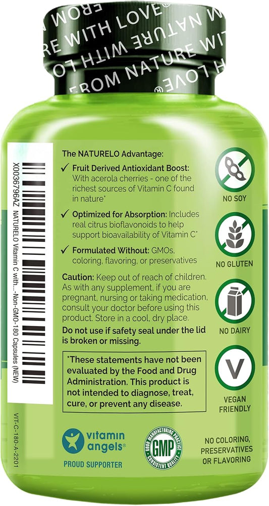 NATURELO Vitamin C with Organic Acerola 500 mg 180 Capsules