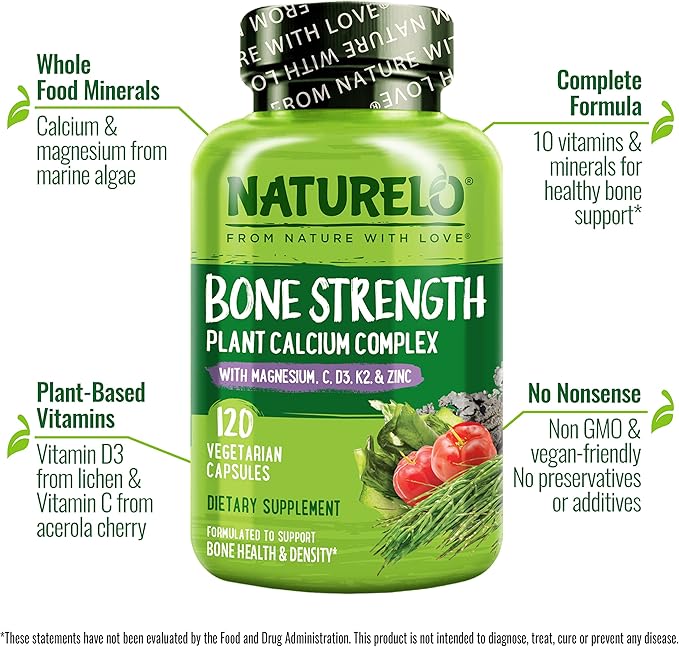 NATURELO Calcium Supplement 600mg, Vitamin D3, K2, K2, C, 240 Vegetarian